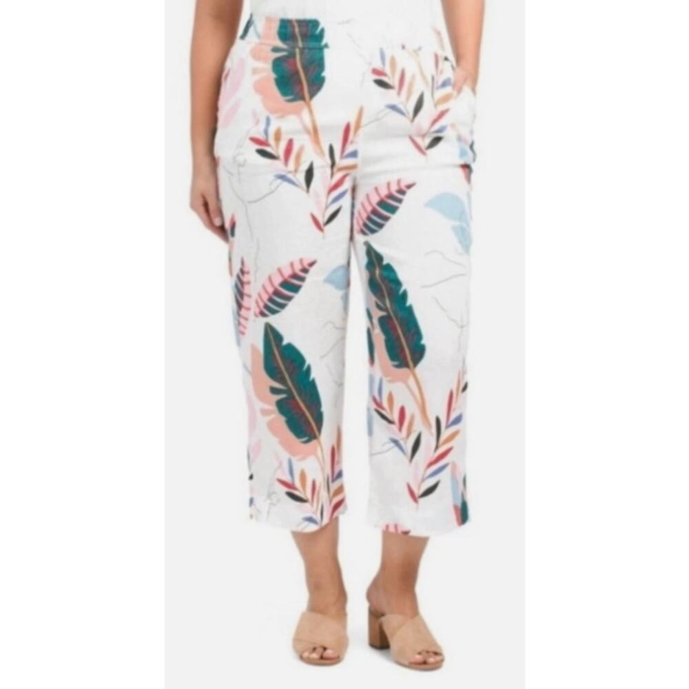 Cynthia Rowley Women's Plus 100% Linen Lightweight Leaf Print Pull-On‎ Pants 2X